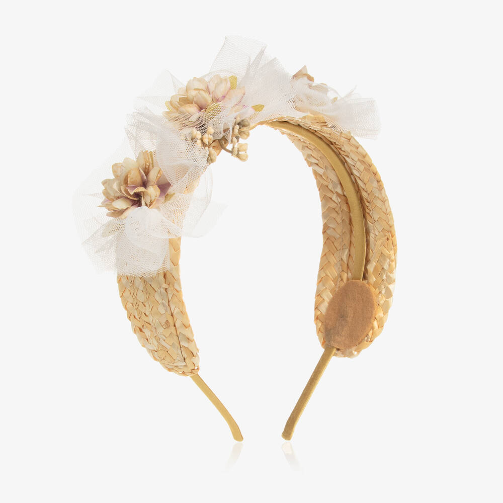 Miranda - Girls Ivory Flower & Beige Straw Hairband | Childrensalon