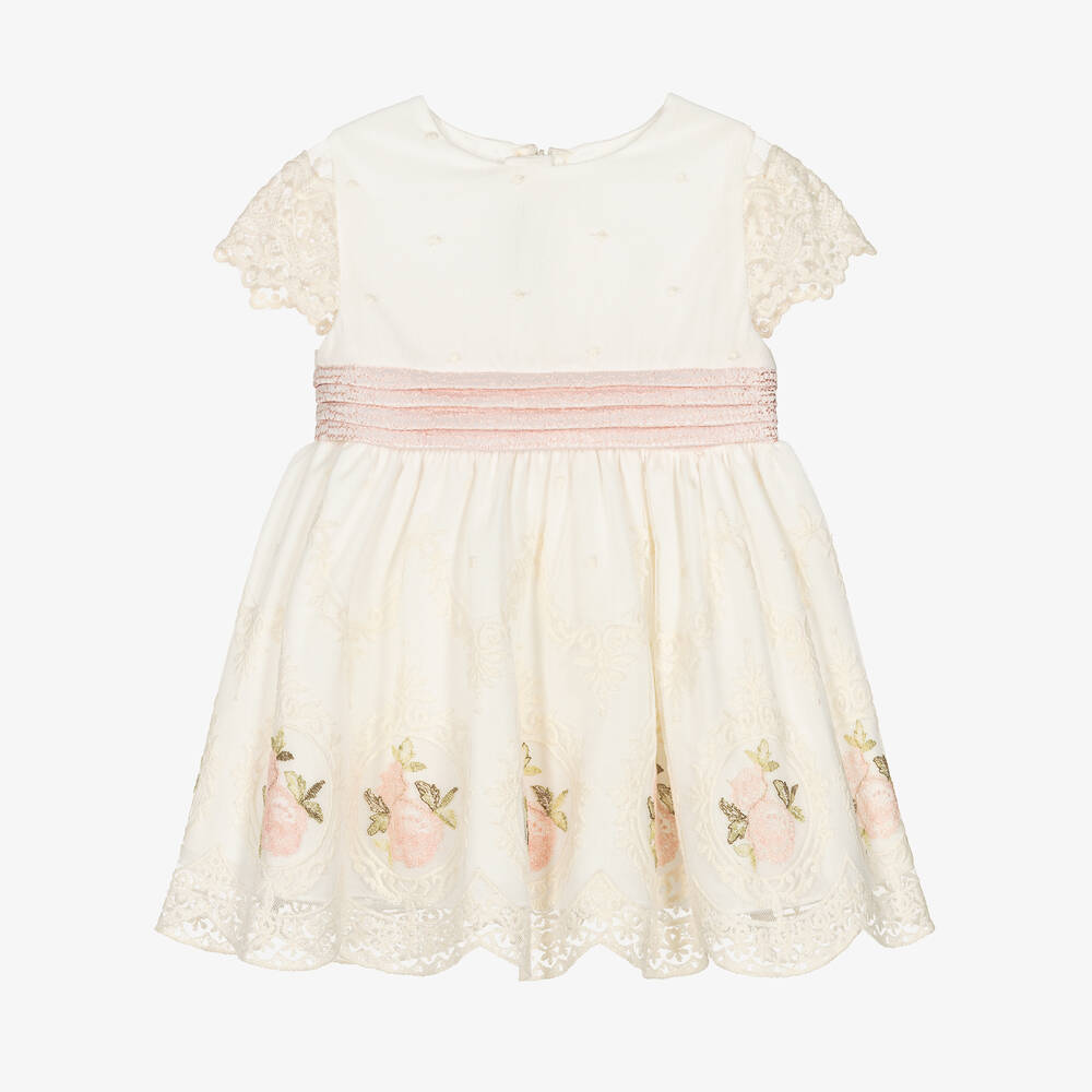 Miranda - Girls Ivory & Pink Embroidered Tulle Dress | Childrensalon