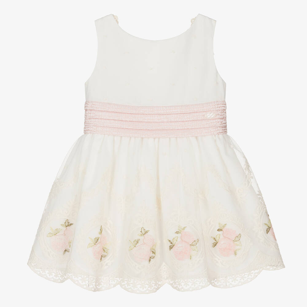 Miranda - Girls Ivory & Pink Embroidered Tulle Dress | Childrensalon