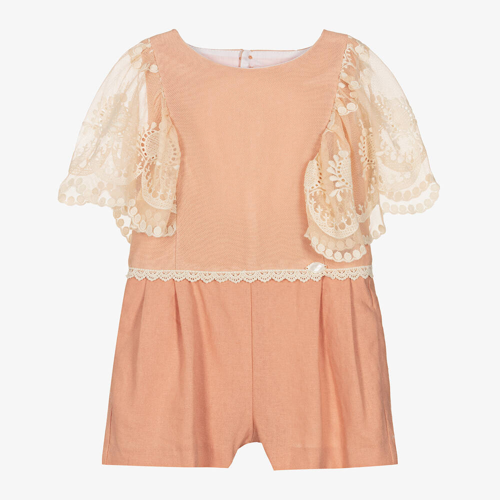 Miranda - Girls Pink Linen & Embroidered Tulle Playsuit | Childrensalon