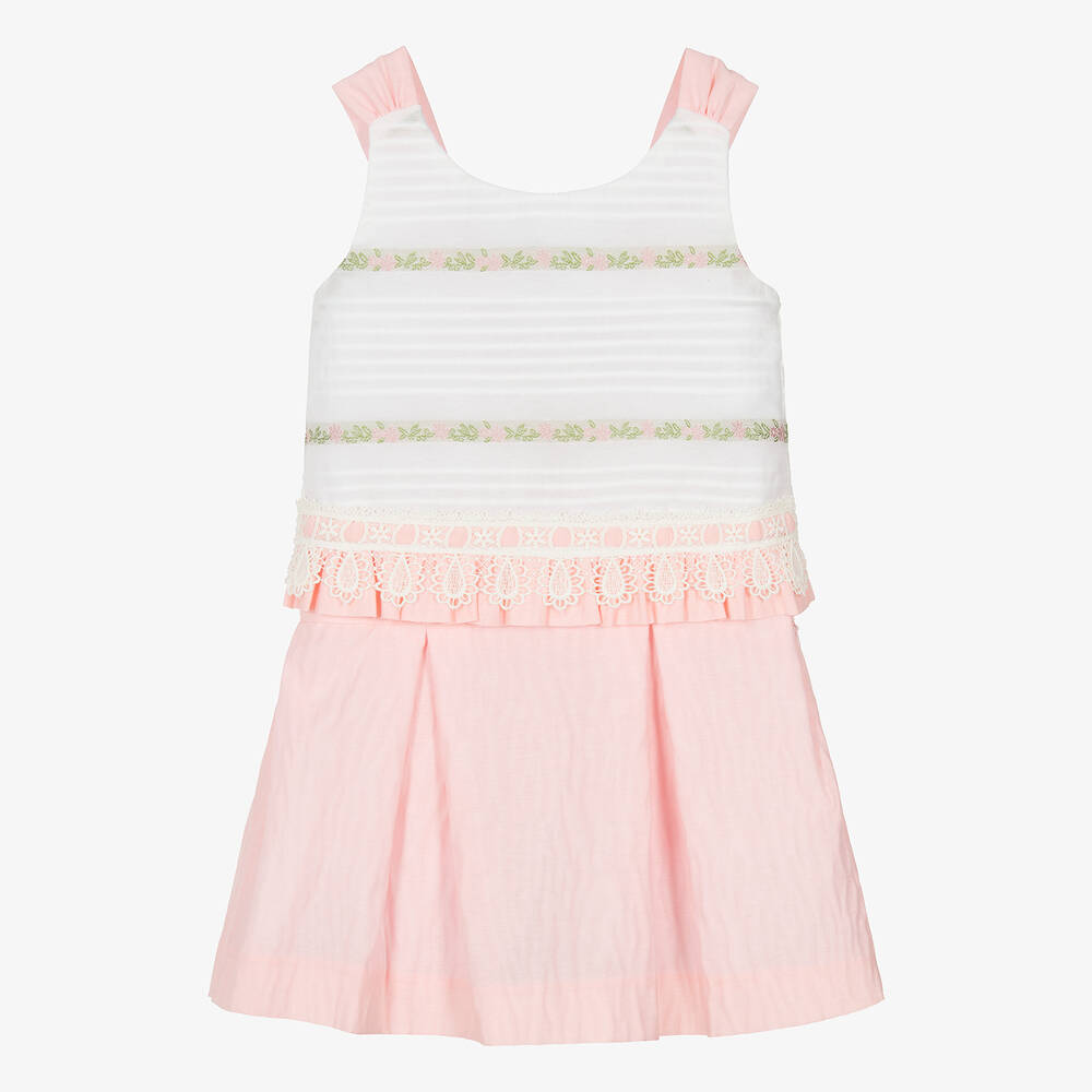 Miranda - Girls Pink & White Cotton Skirt Set | Childrensalon