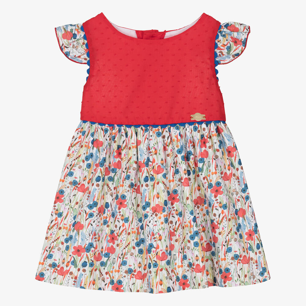 Miranda - Girls Red & White Cotton Floral Dress | Childrensalon