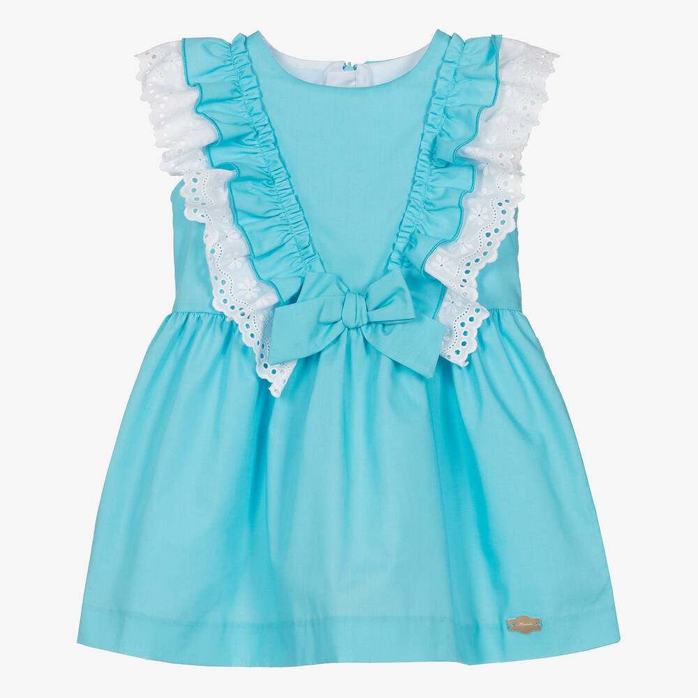 Miranda - Girls Turquoise Blue Cotton Dress | Childrensalon