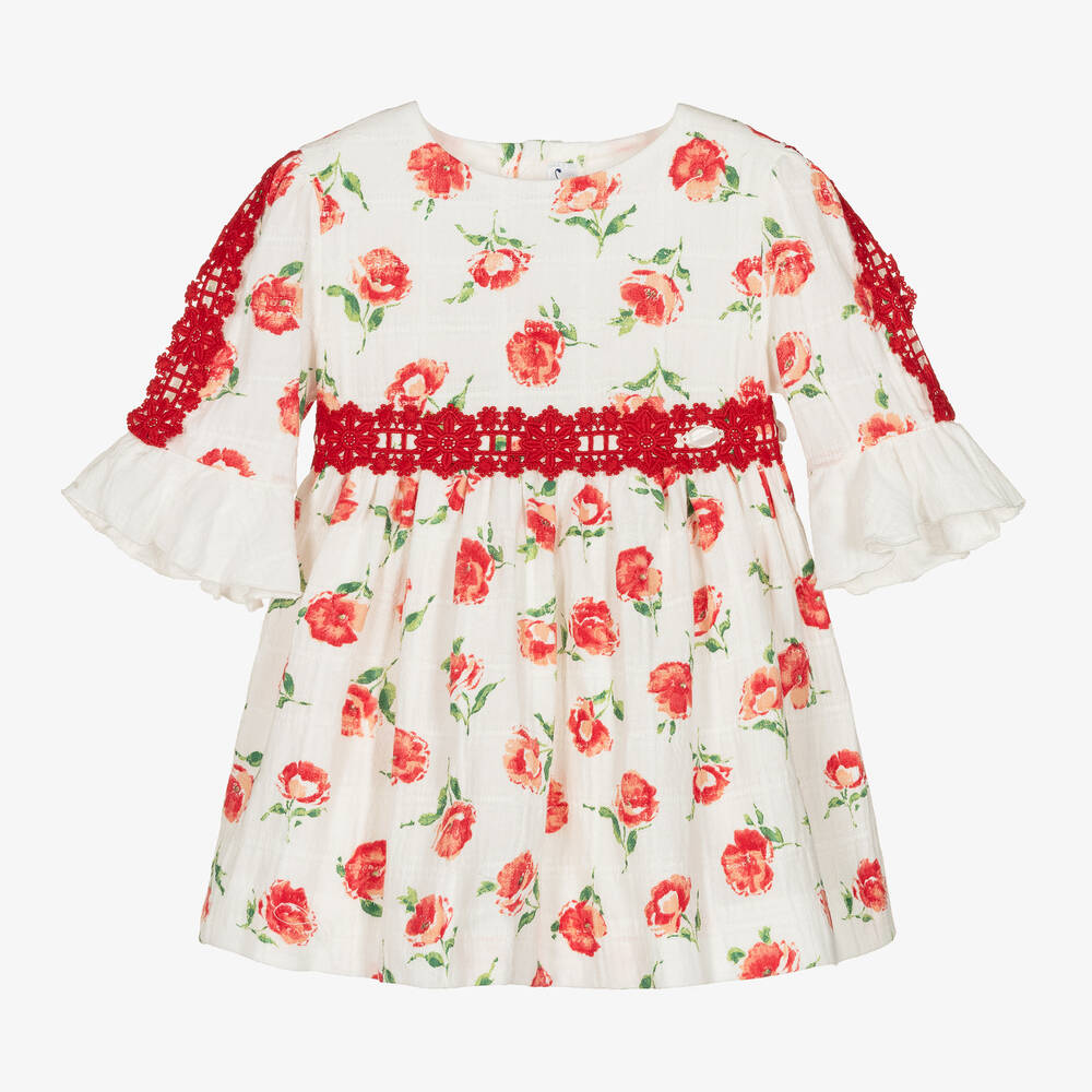 Miranda - Girls White Cotton Roses Dress | Childrensalon