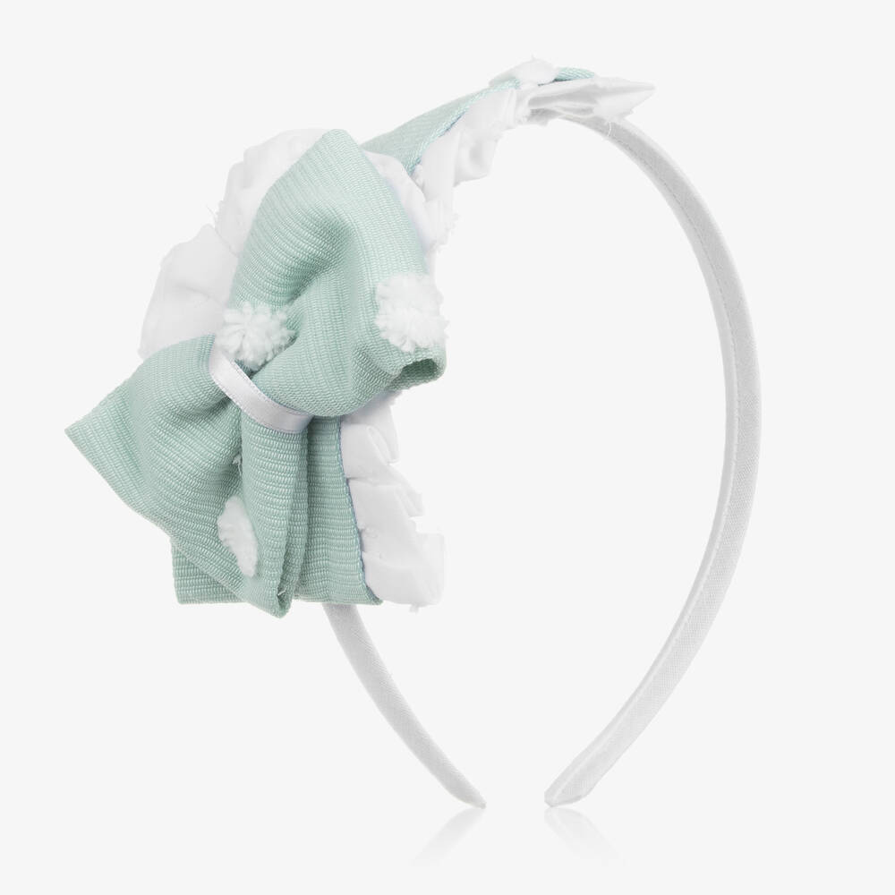 Miranda - Girls White & Green Bow Hairband | Childrensalon