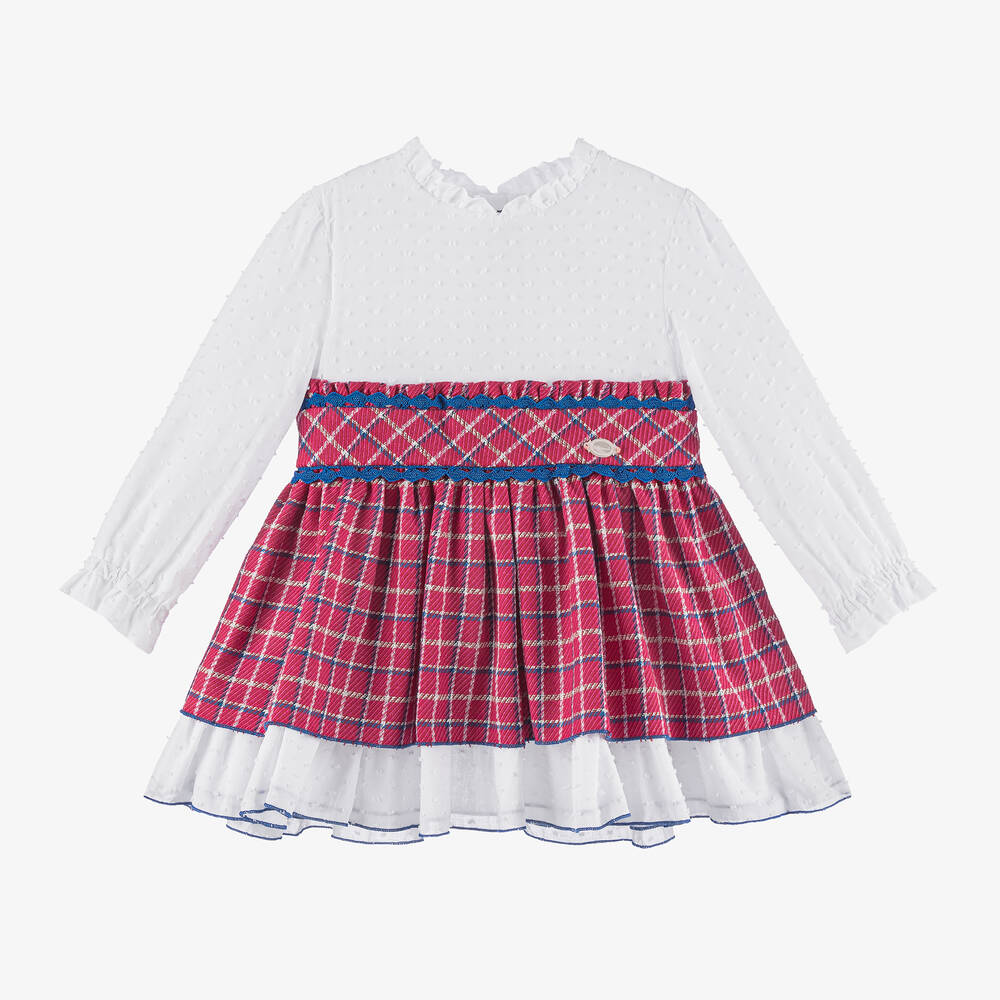 Miranda - Girls White & Pink Check Dress | Childrensalon