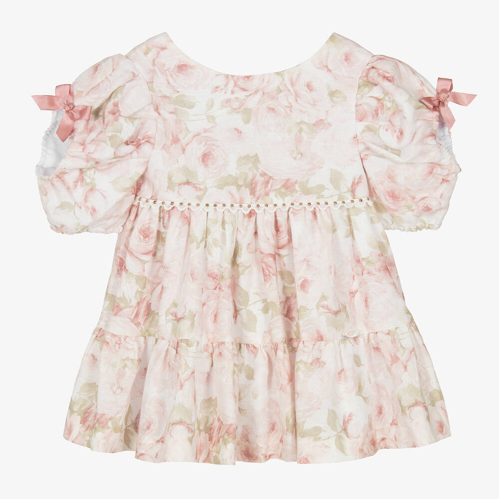 Miranda - Girls White & Pink Floral Linen Dress | Childrensalon