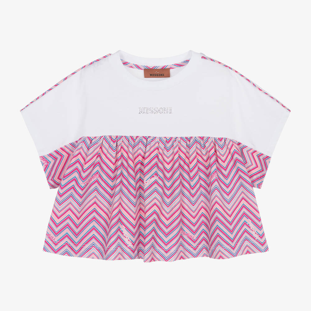 Missoni - Girls Pink & White Cotton Zigzag T-Shirt | Childrensalon