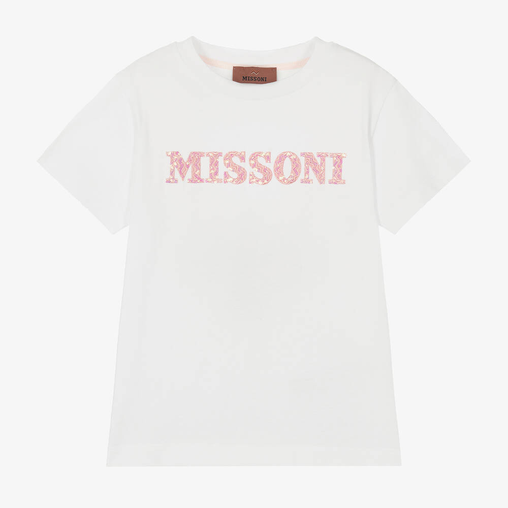 Missoni - Girls White Cotton Embroidered T-Shirt | Childrensalon