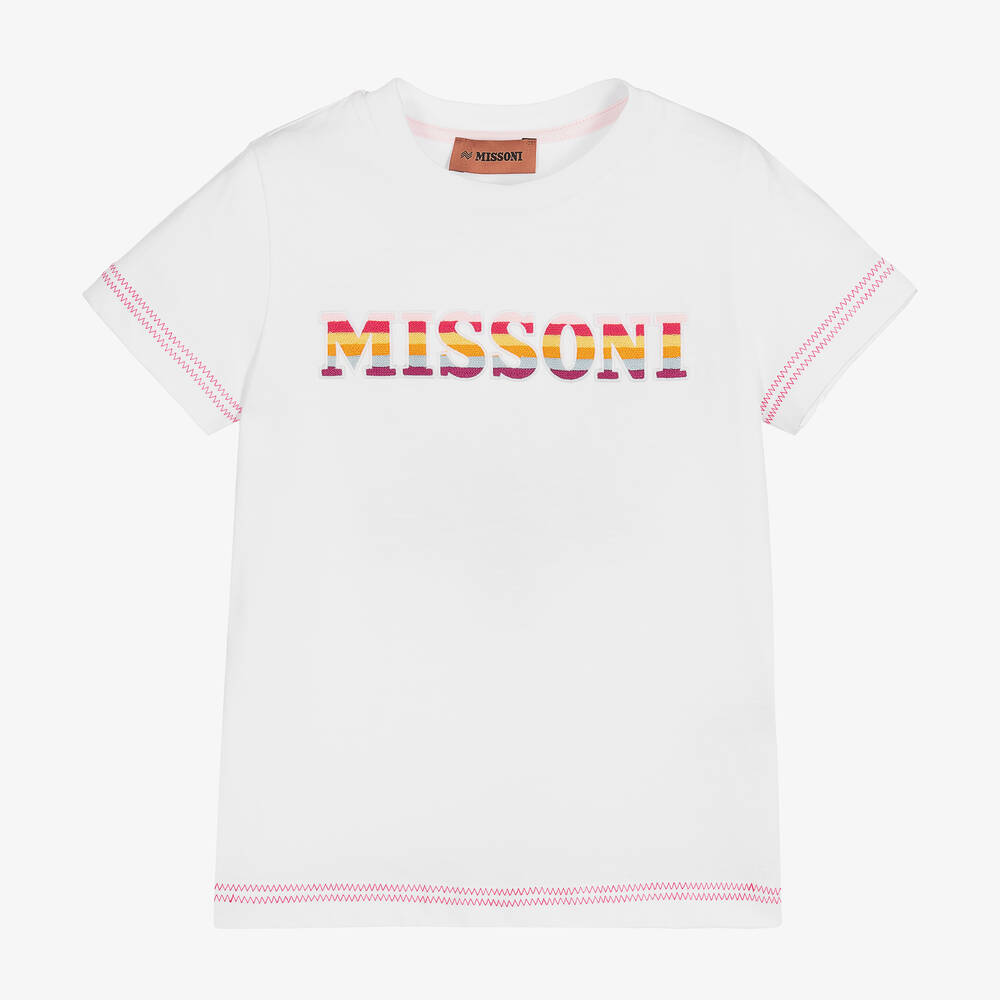 Missoni - Girls White Cotton Logo T-Shirt | Childrensalon