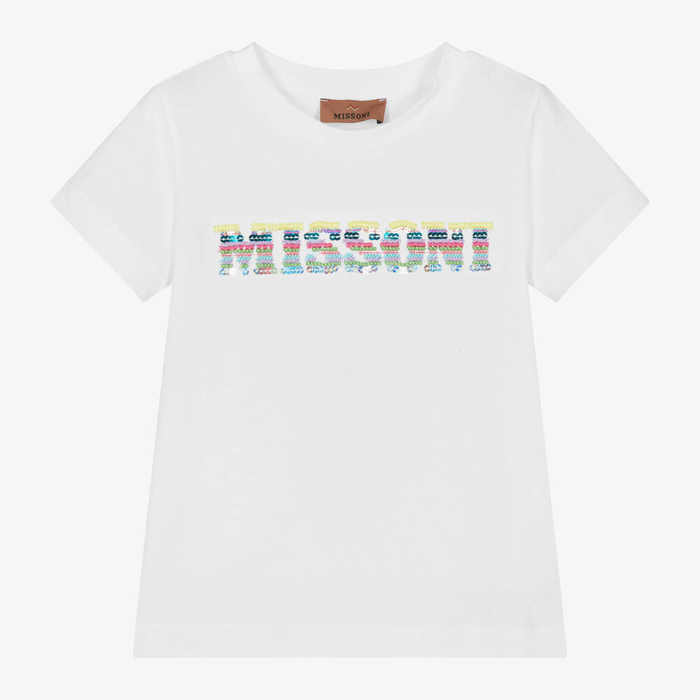 Missoni - Girls White Cotton Sequinned T-Shirt | Childrensalon