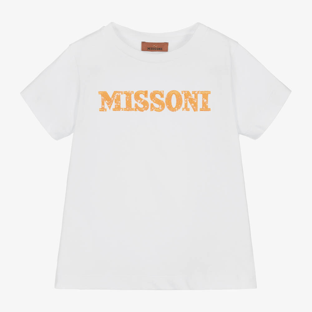 Missoni - Girls White & Orange Cotton T-Shirt | Childrensalon