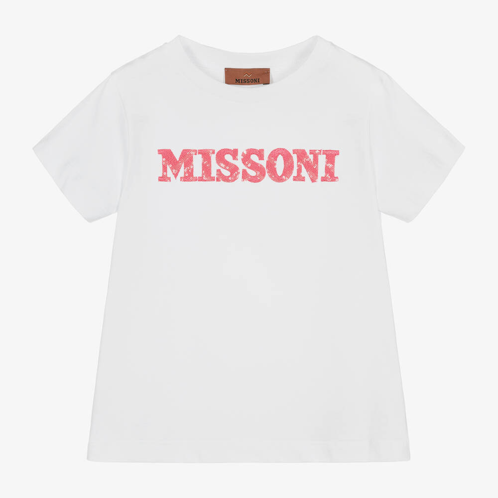 Missoni - Girls White & Pink Cotton T-Shirt | Childrensalon