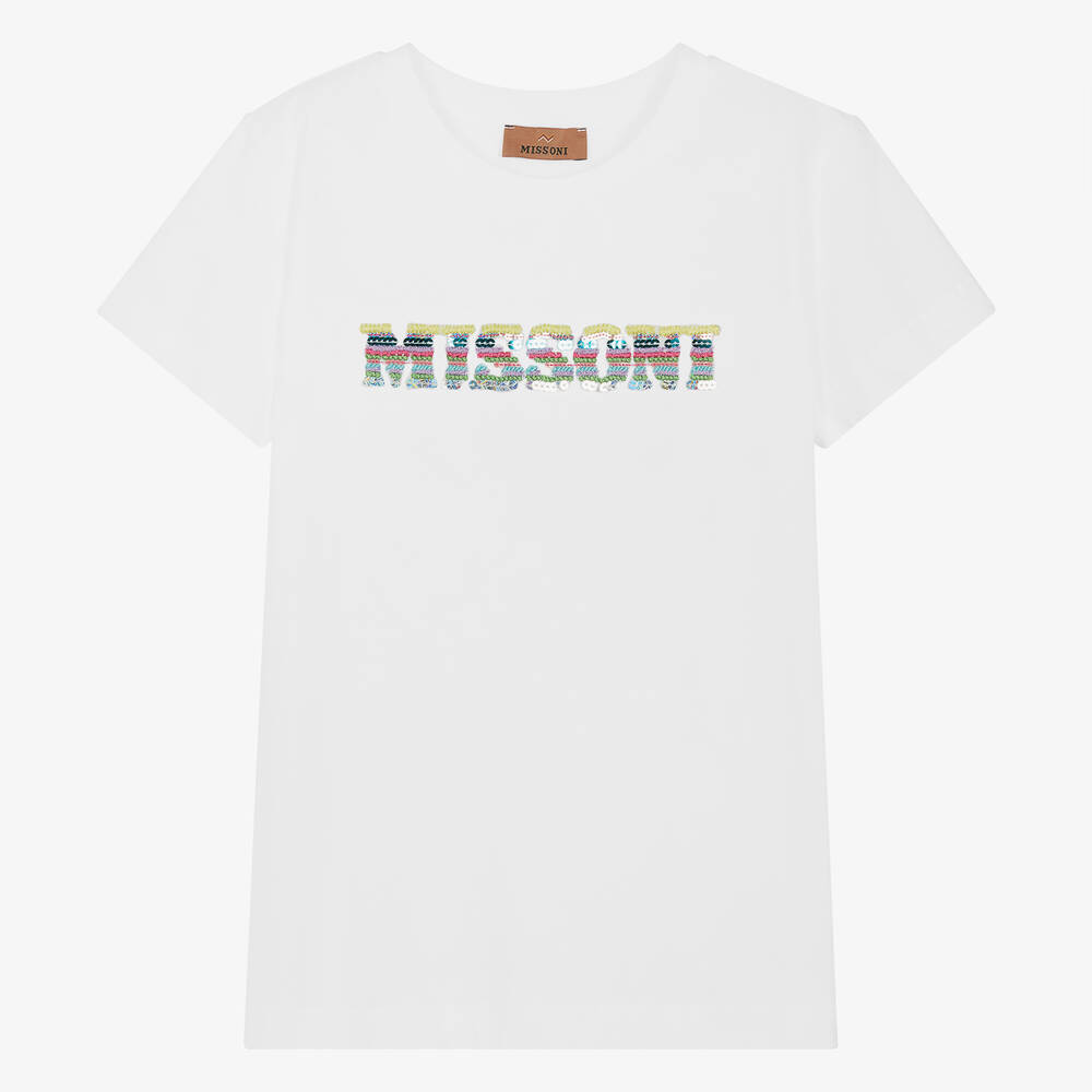 Shop Missoni Teen Girls White Cotton Sequinned T-shirt