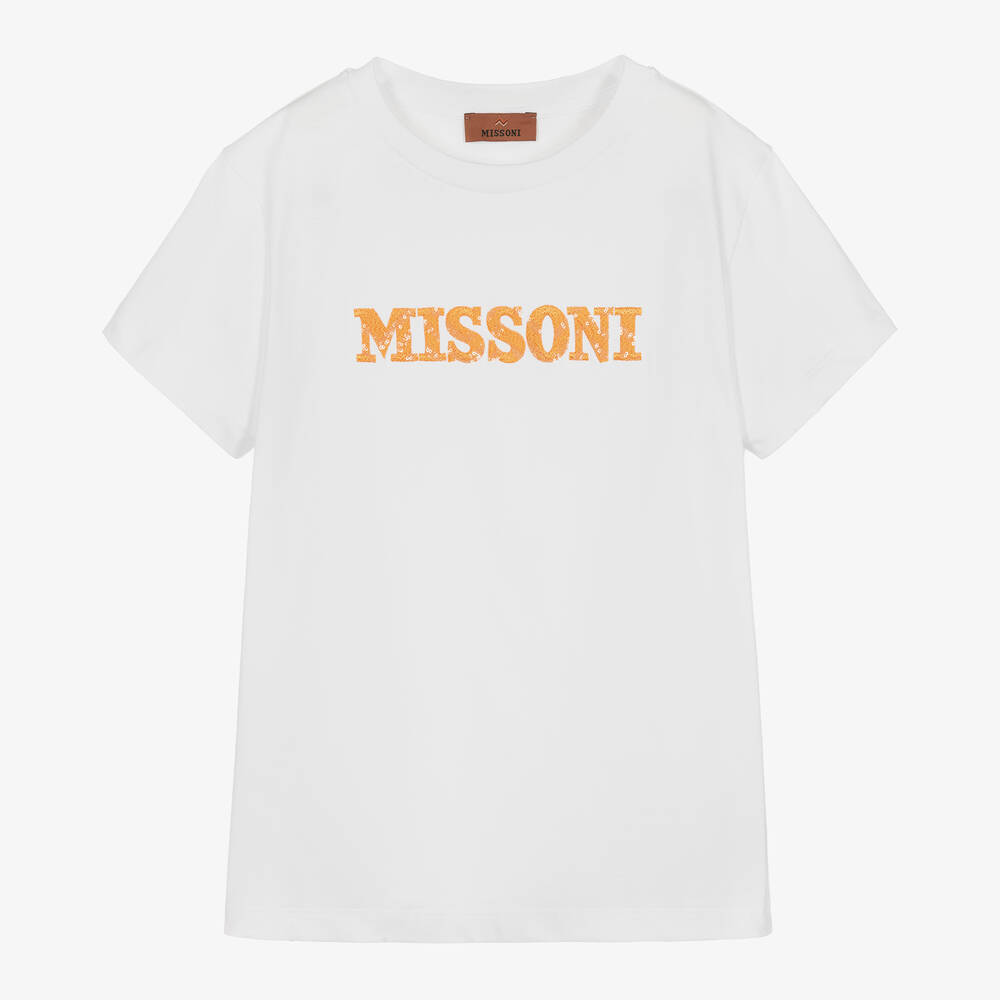 Missoni - تيشيرت قطن عضوى جيرسى لون أبيض و برتقالى للمراهقات | Childrensalon