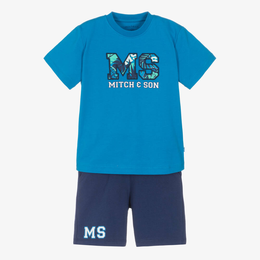 Mitch & Son Babies' Boys Blue Cotton Varsity Logo Shorts Set