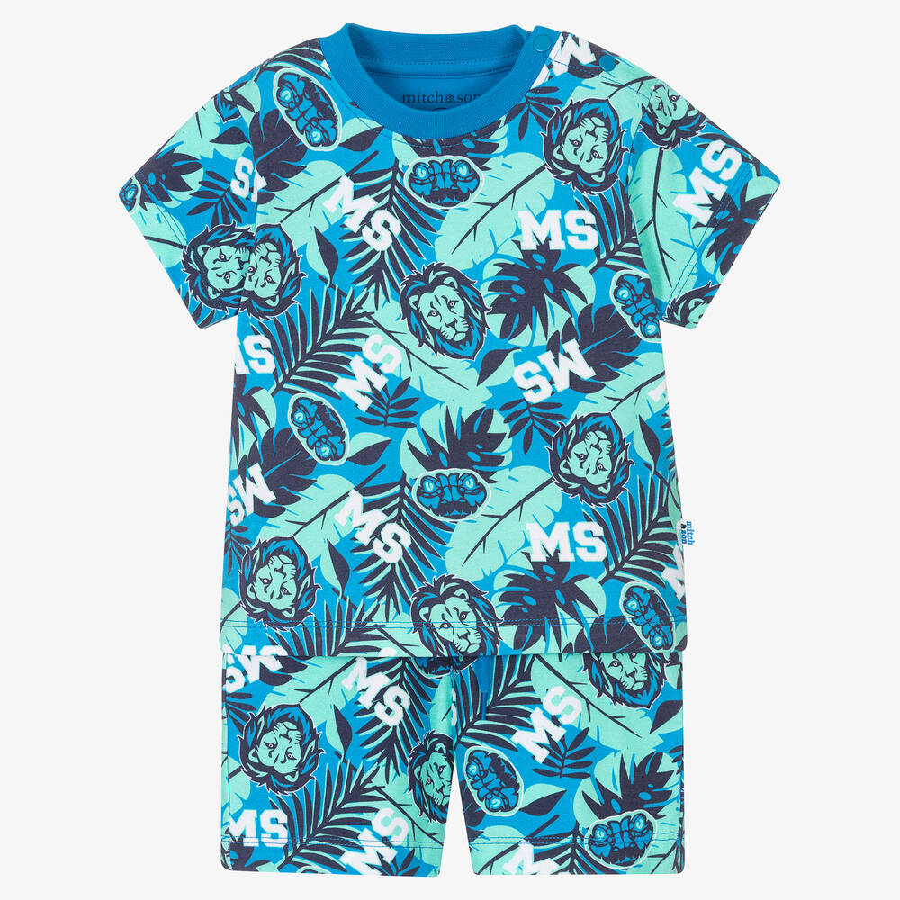 Mitch & Son Babies' Boys Blue & Green Jungle Logo Shorts Set