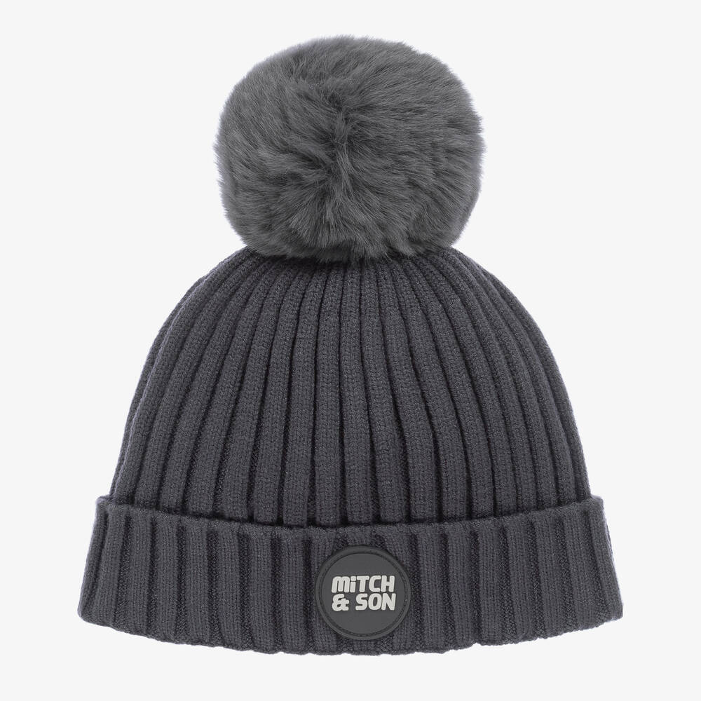 Mitch & Son - Boys Grey Knitted Bobble Hat | Childrensalon