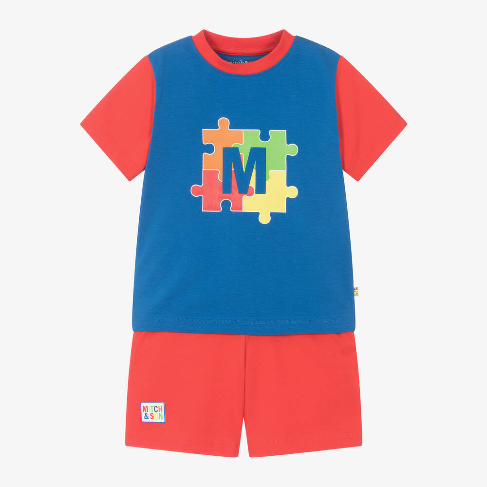 Mitch & Son - Boys Red Puzzle Print Cotton Shorts Set | Childrensalon