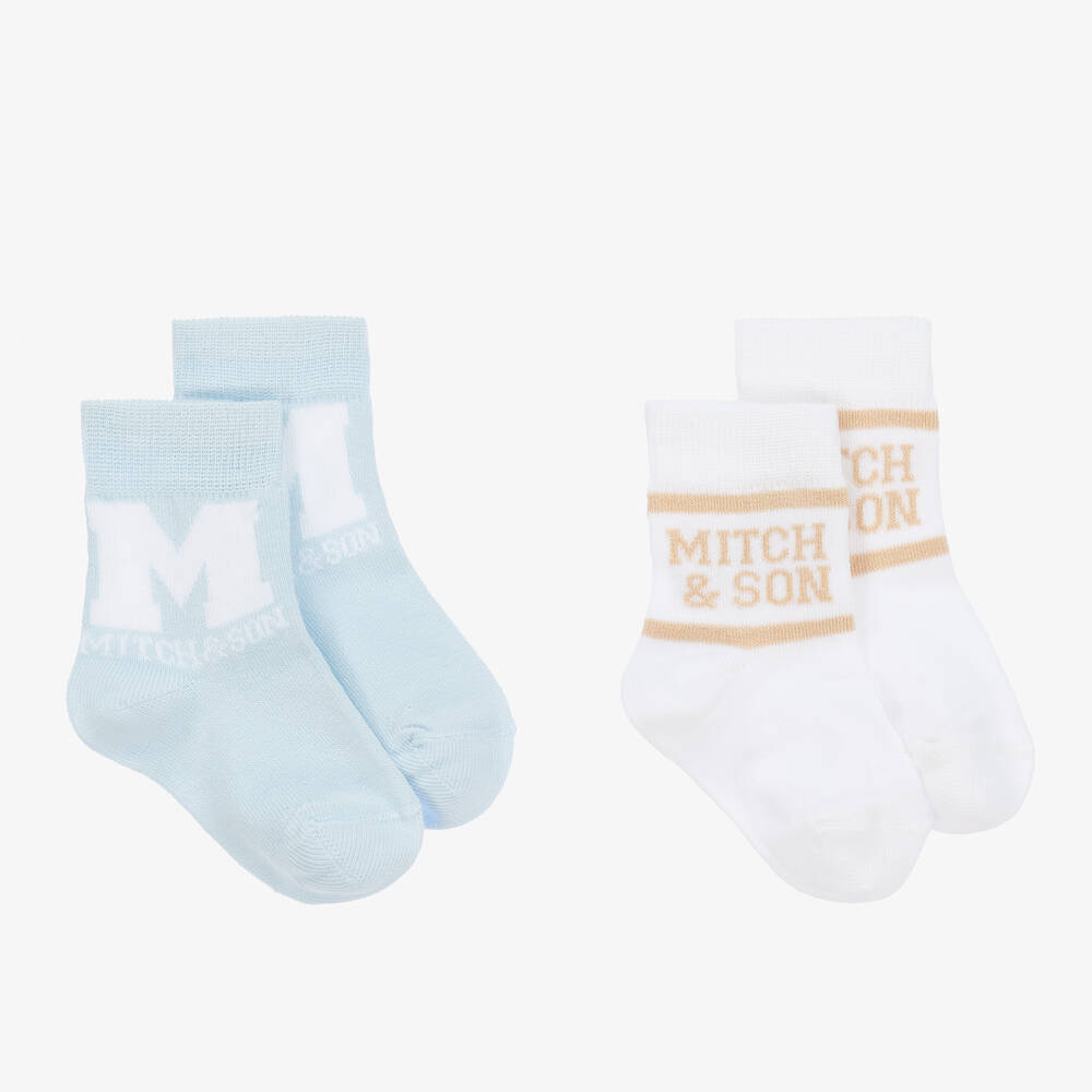 Mitch & Son - Boys White & Blue Cotton Socks (2 Pack) | Childrensalon