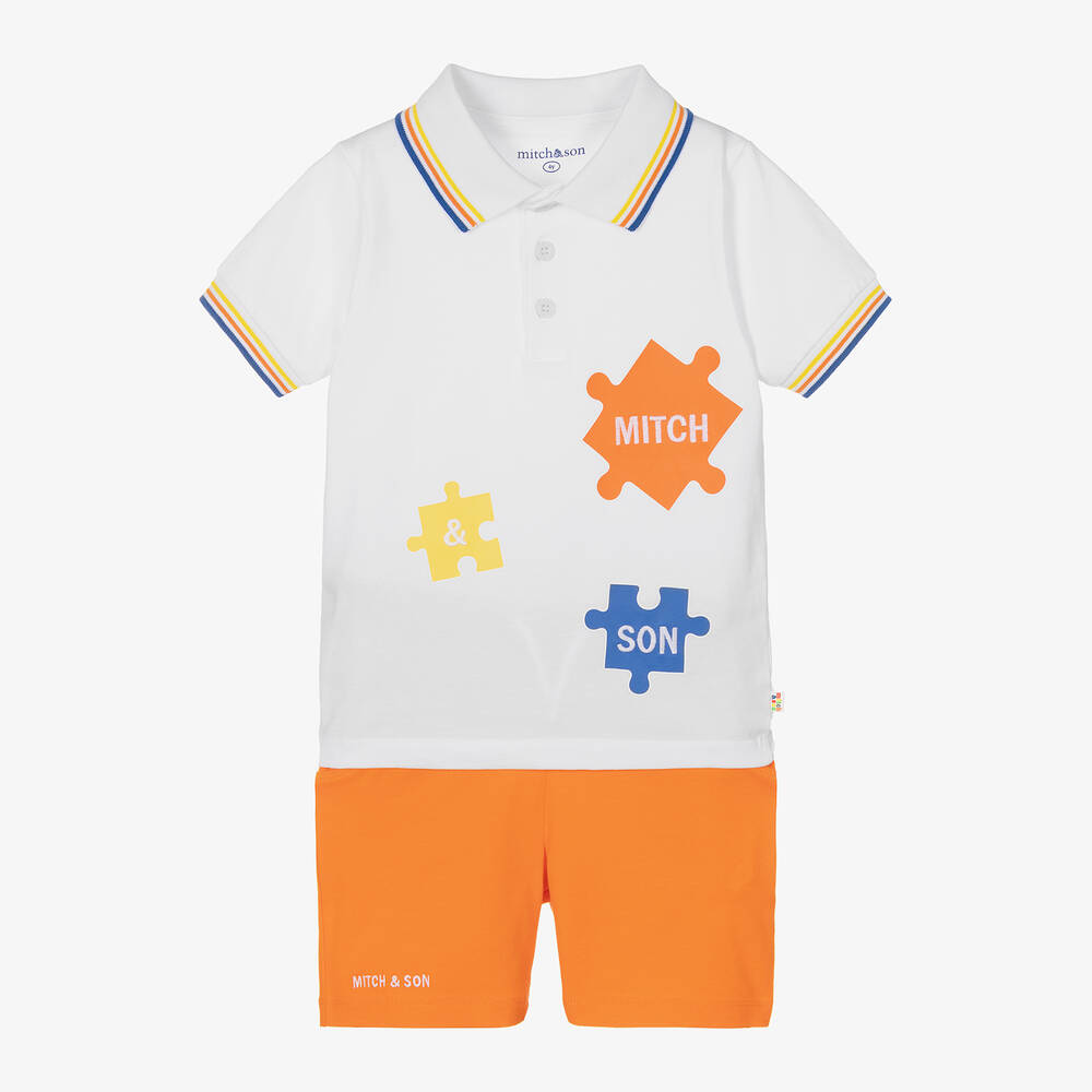 Mitch & Son - طقم شورت قطن جيرسي لون أبيض وبرتقالي للأولاد | Childrensalon