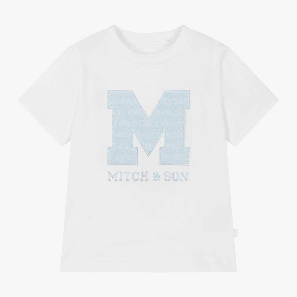 Mitch & Son - Boys White & Pale Blue Cotton T-Shirt | Childrensalon