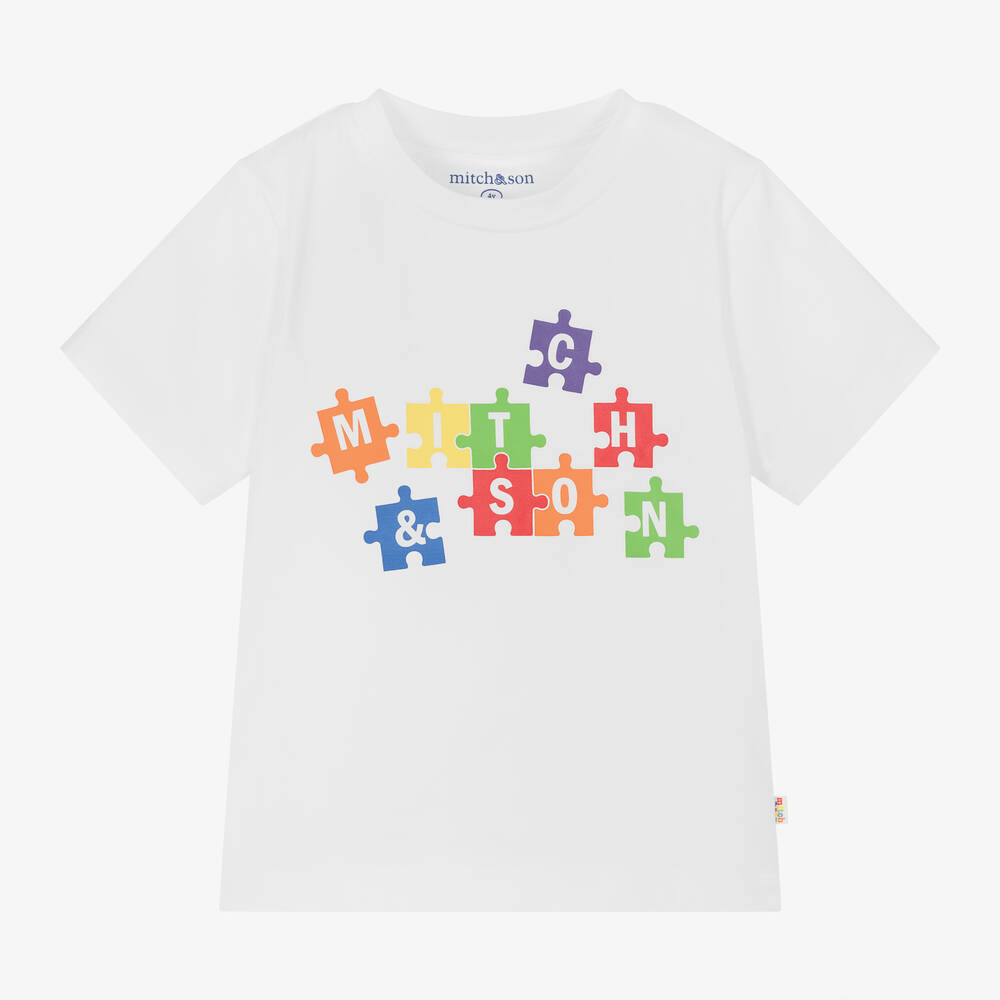 Mitch & Son - Boys White Puzzle Print Cotton T-Shirt | Childrensalon