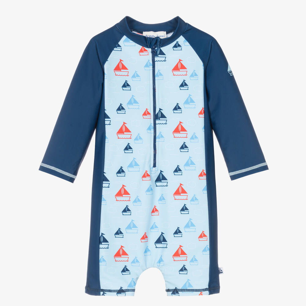 Mitty James - Boys Blue Boat Sun Suit (UPF50+) | Childrensalon