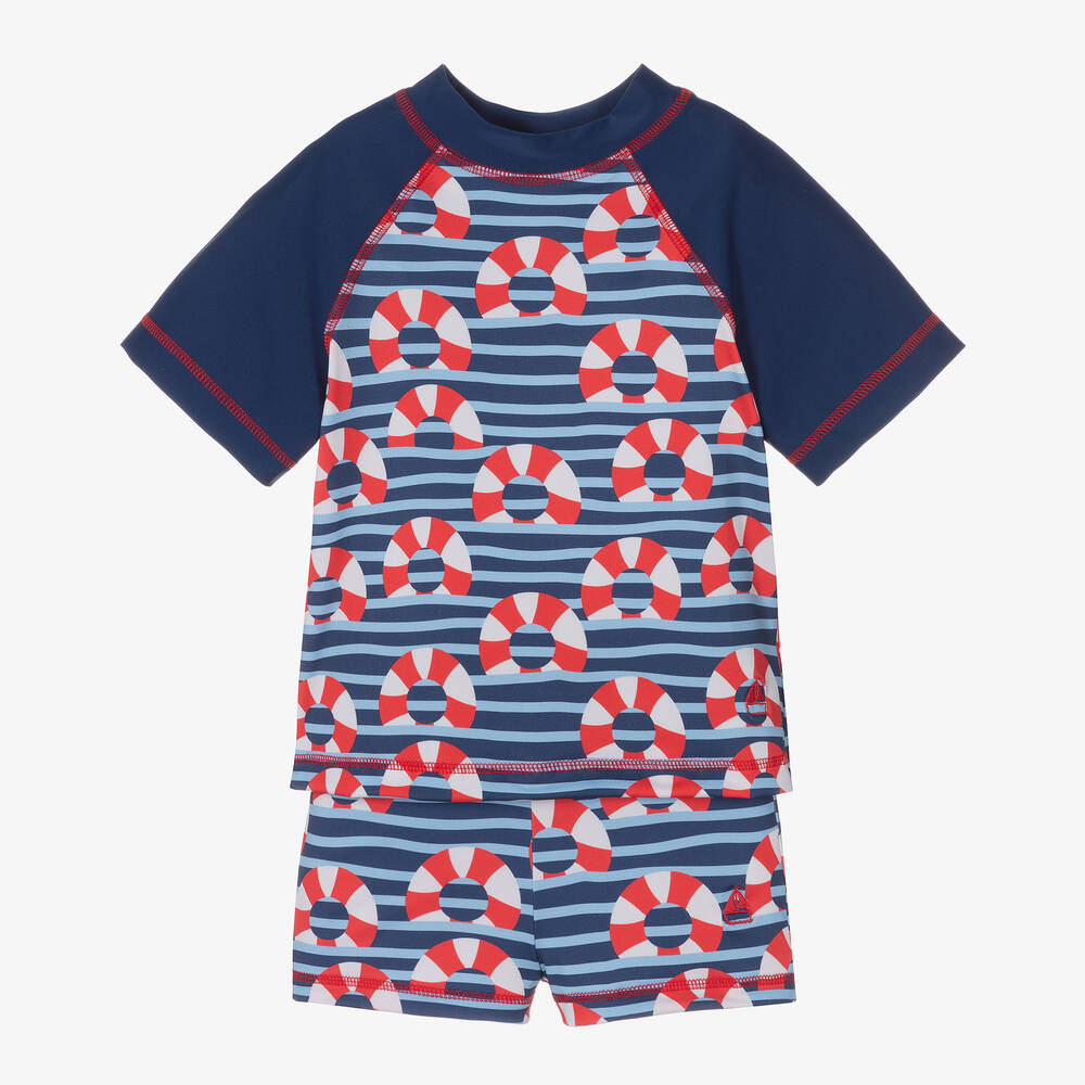 Mitty James - بدلة سباحة مقلمة لون أزرق وأبيض للأولاد (+UPF 50) | Childrensalon
