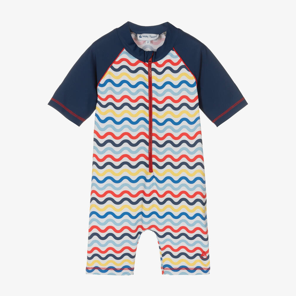 Mitty James - Boys Blue Wavy Stripe Sun Suit (UPF50+) | Childrensalon