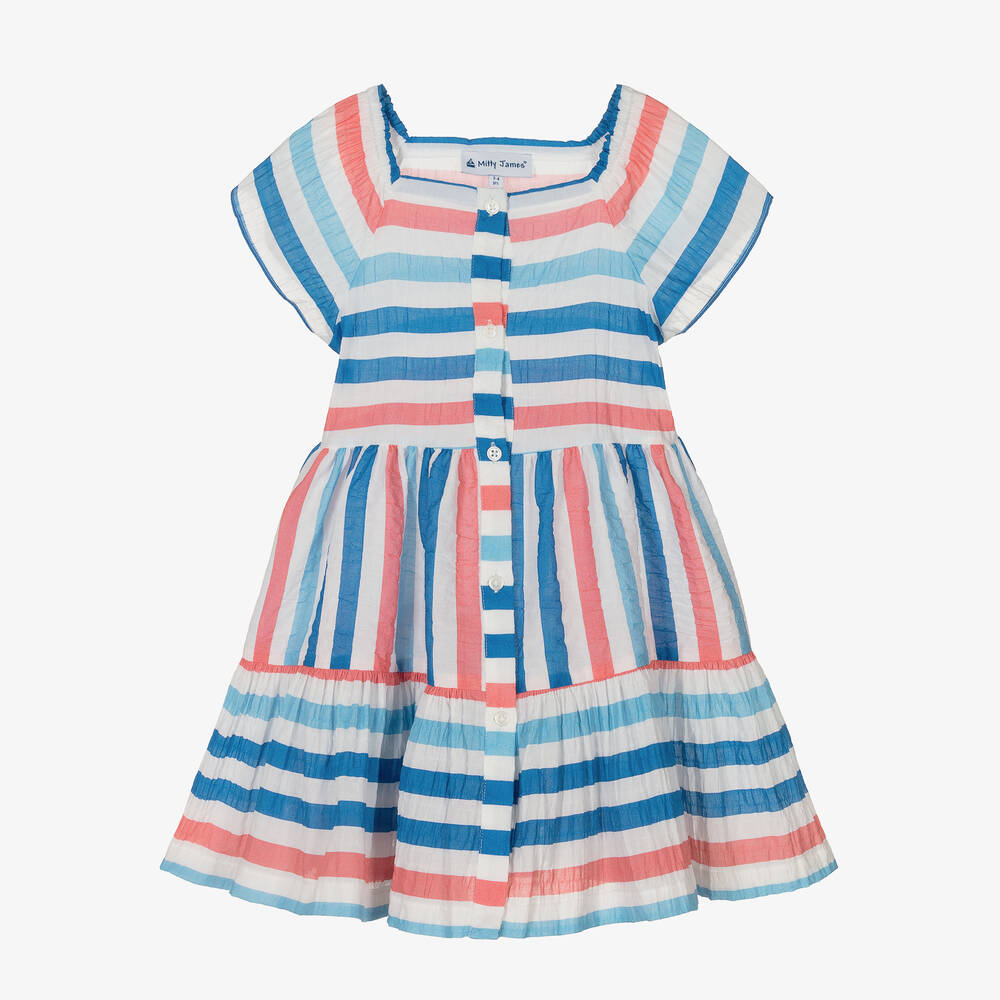 Mitty James - Girls Blue & Pink Striped Cotton Dress | Childrensalon