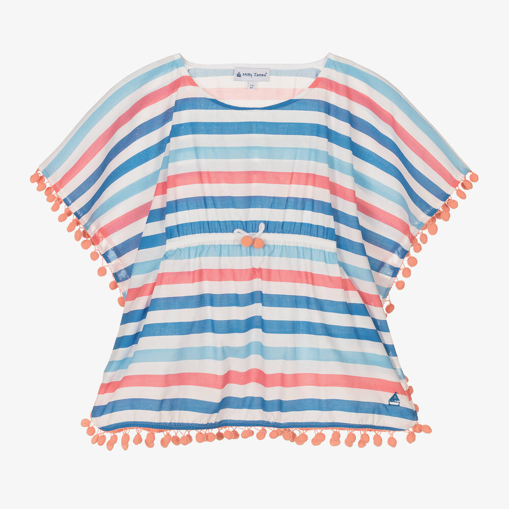 Mitty James - Girls Blue & Pink Striped Cotton Kaftan | Childrensalon