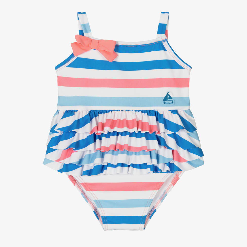 Mitty James - Girls Blue & Pink Striped Swimsuit | Childrensalon