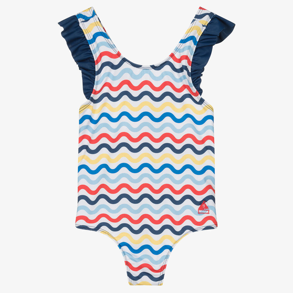 Mitty James - Girls Blue Wavy Stripe Swimsuit (UPF50+) | Childrensalon