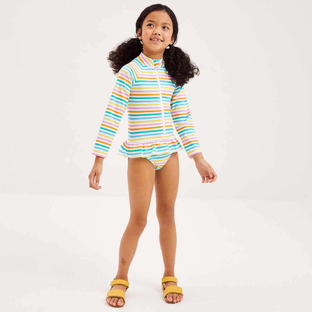 Mitty James - Girls Green & Pink Striped Swimsuit | Childrensalon