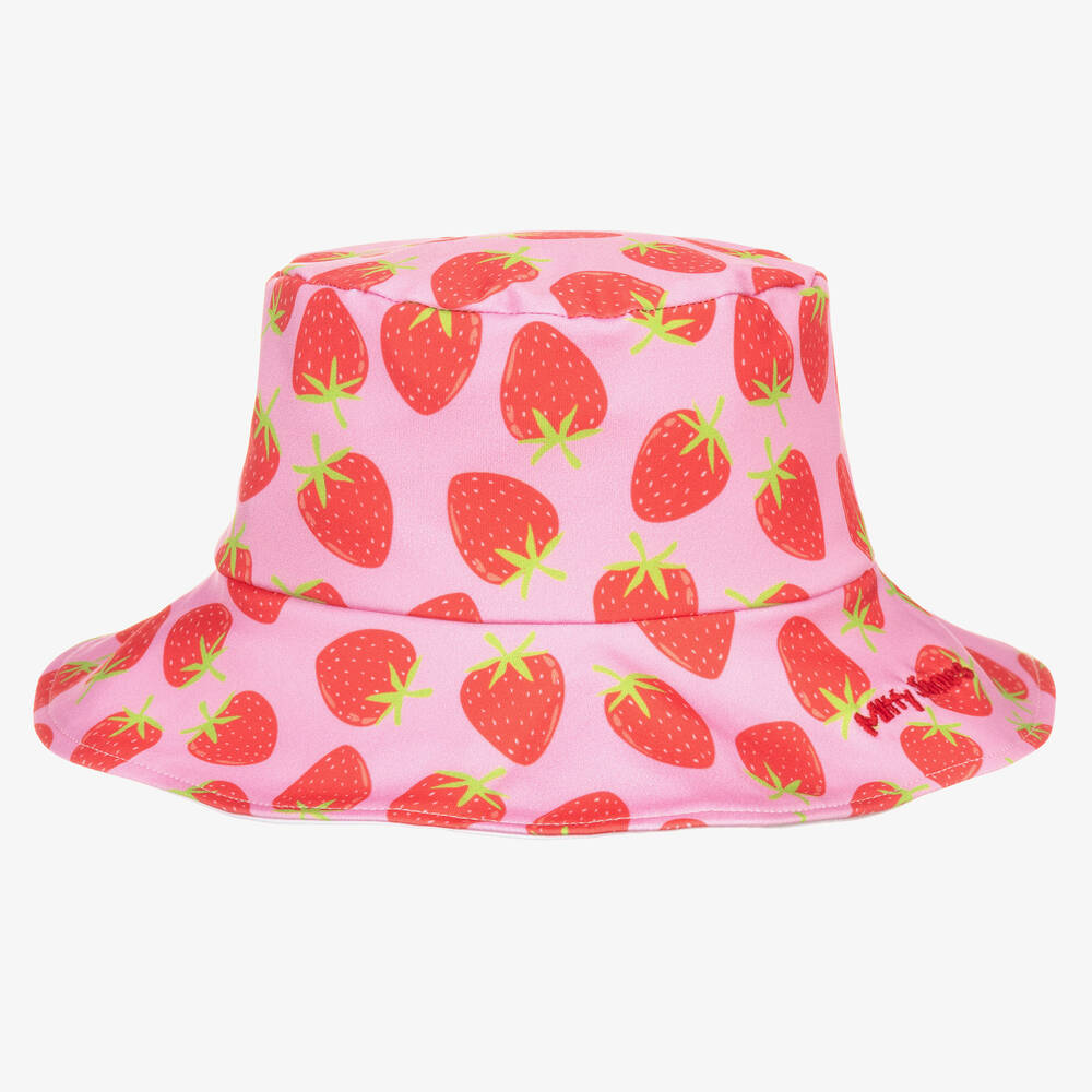 Mitty James - قبعة باكيت بطبعة الفراولة جيرسي لون زهري وأحمر للبنات (UPF 50+) | Childrensalon