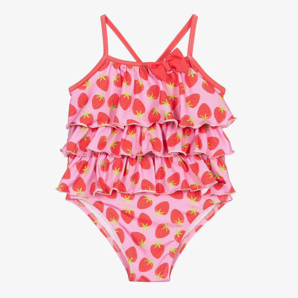 Mitty James - Girls Pink Strawberry Ruffle Swimsuit (UPF50+) | Childrensalon