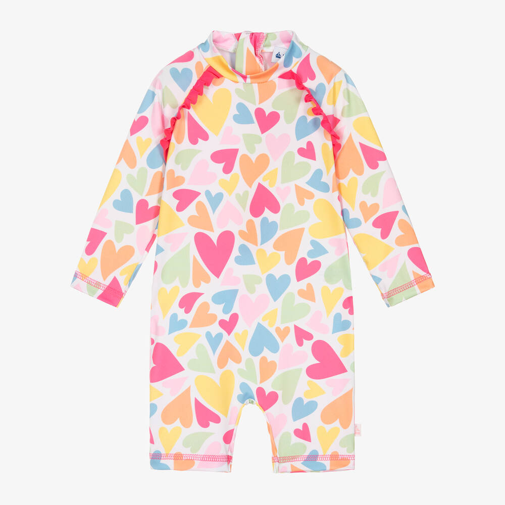 Shop Mitty James Girls White Heart Sun Suit (upf50+) In Pink