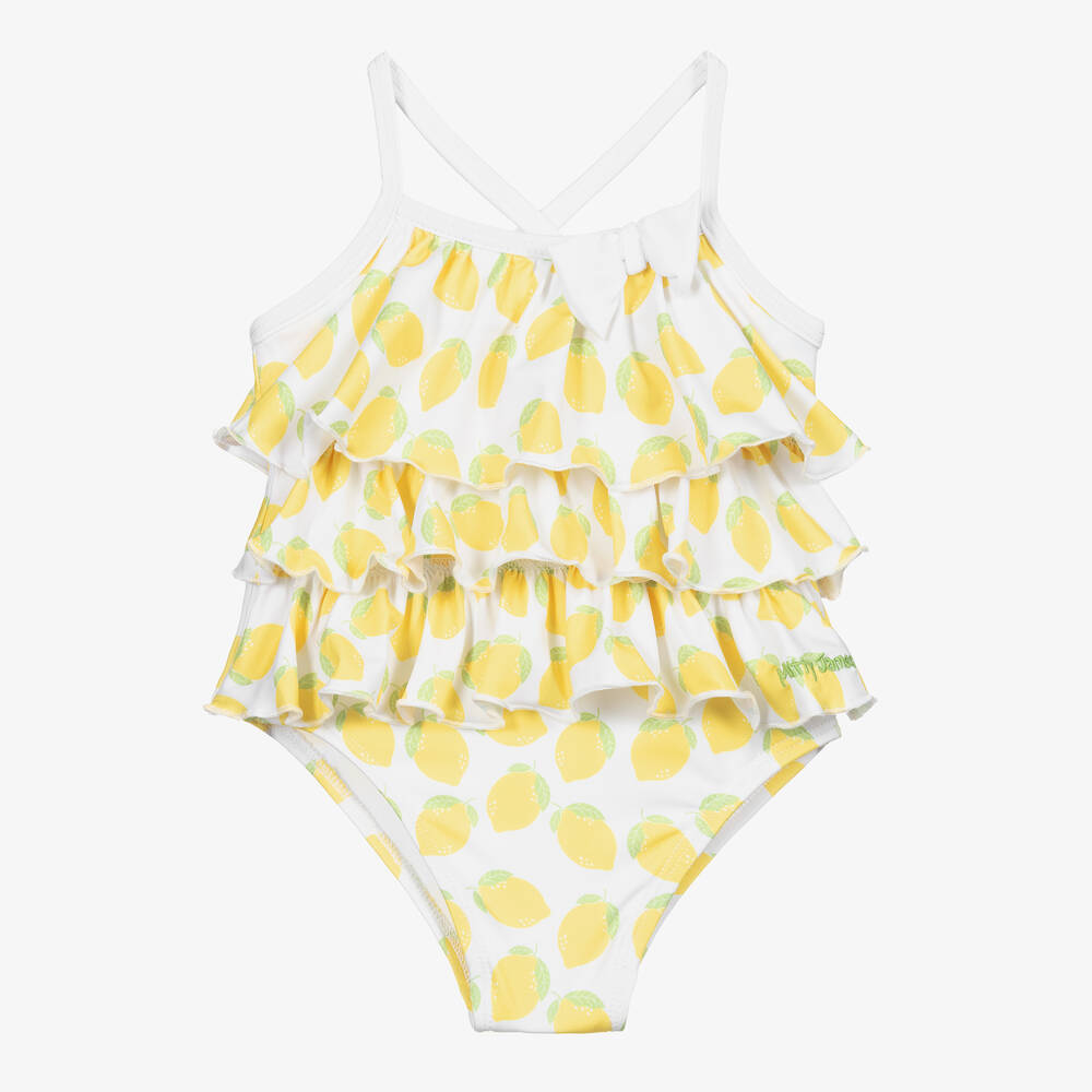 Mitty James - Girls White Lemon Ruffle Swimsuit (UPF50+) | Childrensalon