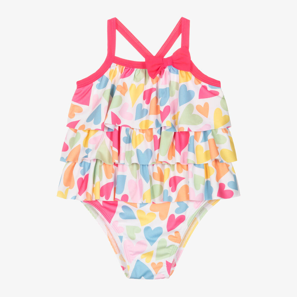 Shop Mitty James Girls White Ruffled Heart Swimsuit (upf50+) In Pink