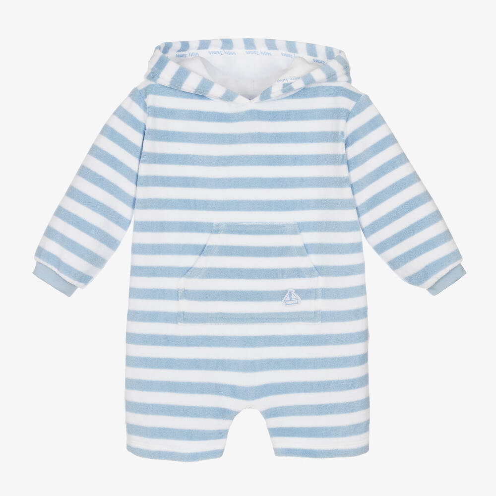 Mitty James - Pale Blue Stripe Towelling Baby Beach Romper | Childrensalon