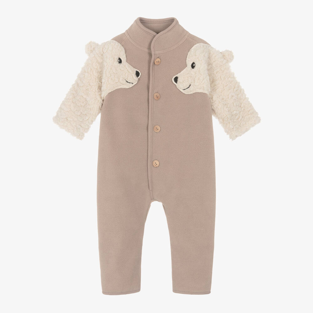 Molo - Beige Bear Fleece Pramsuit | Childrensalon