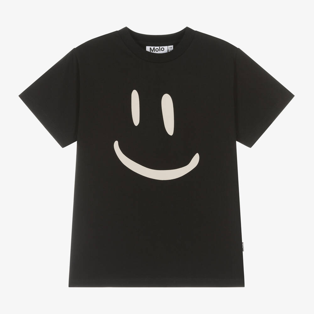 Molo - Black Cotton Happy Face T-Shirt | Childrensalon
