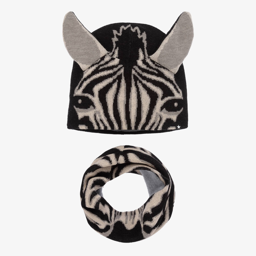 Molo - Black Wool Knit Zebra Hat & Snood Set | Childrensalon