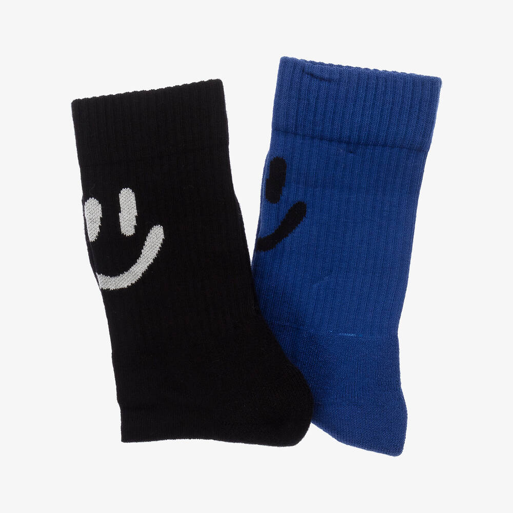 Molo - Blue Cotton Happy Face Socks (2 Pack) | Childrensalon