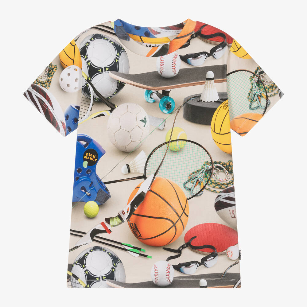 Molo - Boys Beige Cotton Sports Print T-Shirt | Childrensalon