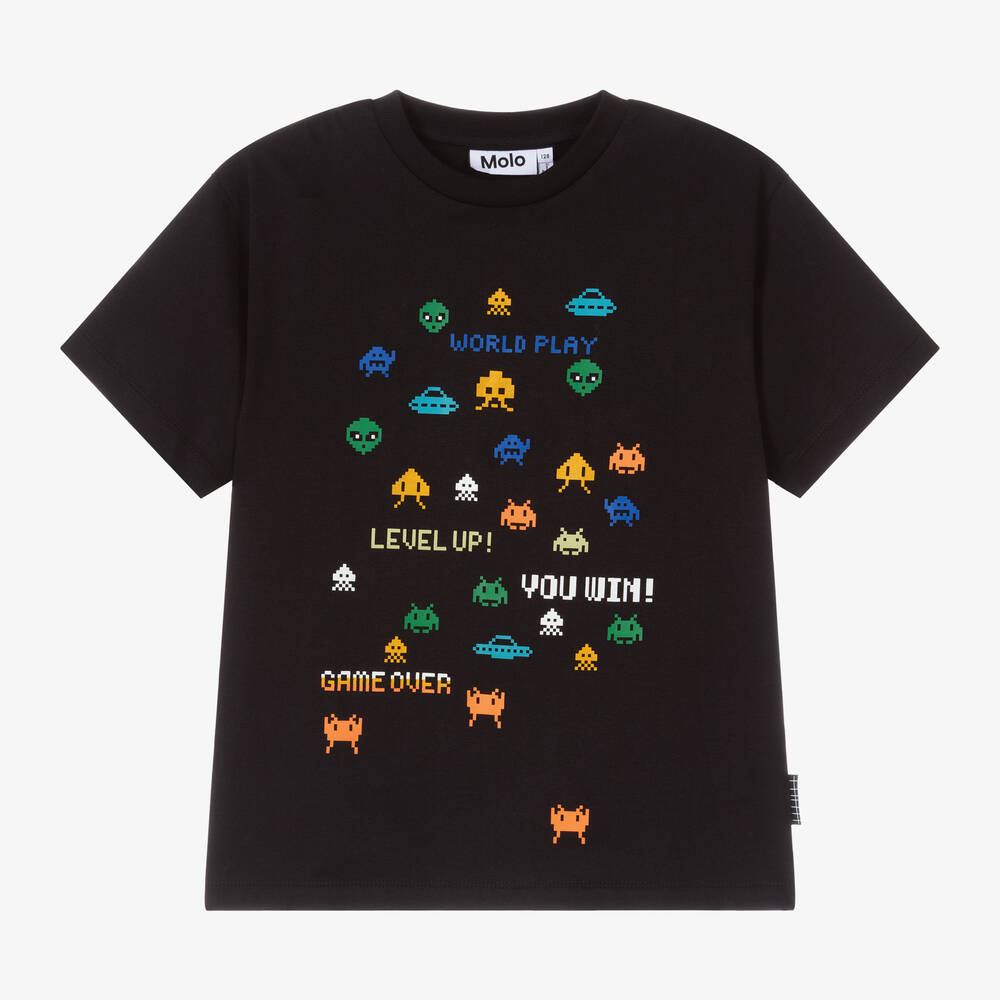 Molo - Boys Black Cotton Game Over T-Shirt | Childrensalon