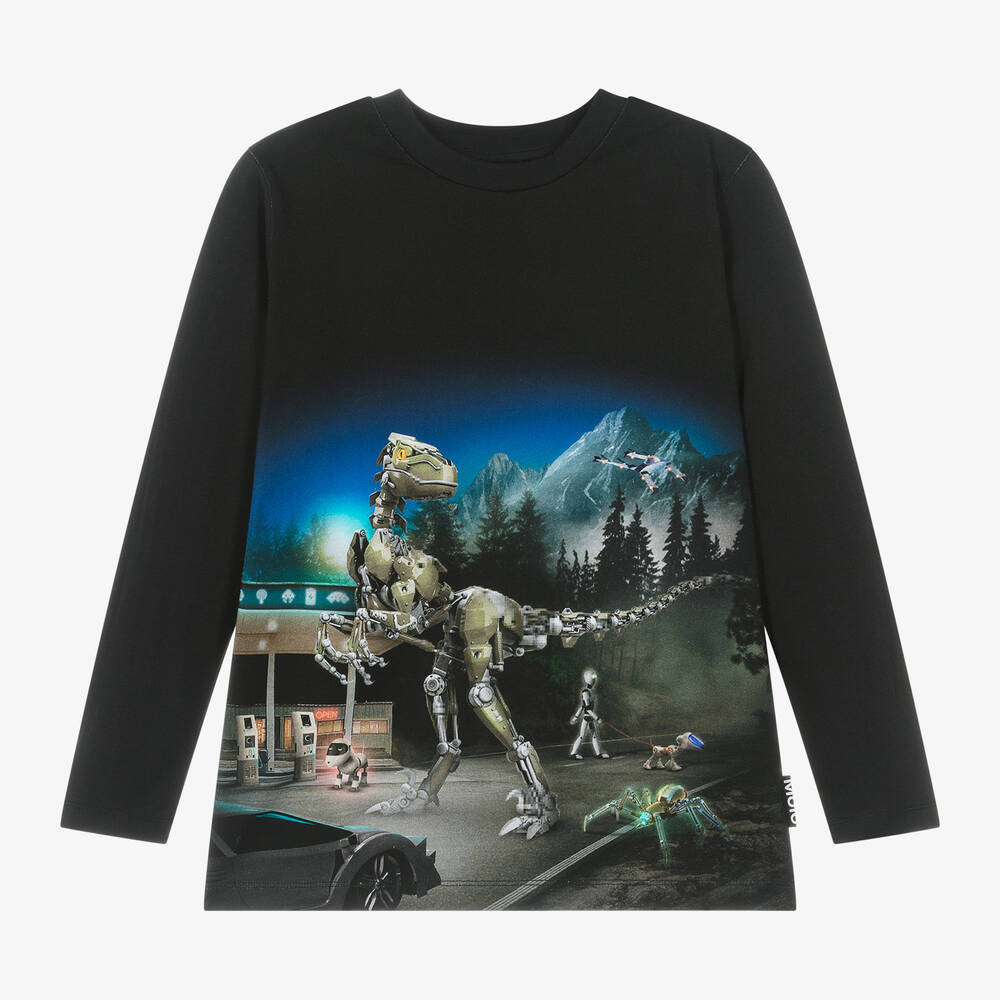 Molo - Boys Black Cotton Robot Print Top | Childrensalon