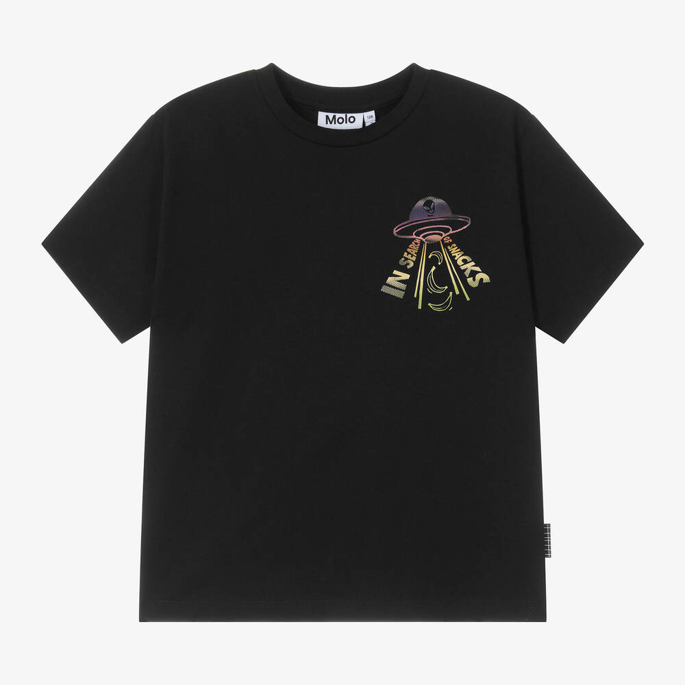 Molo - Boys Black Organic Cotton UFO T-Shirt | Childrensalon