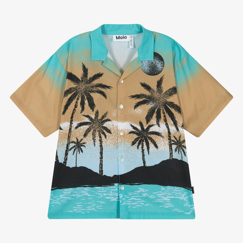 Shop Molo Boys Blue & Beige Tropical Cotton Shirt